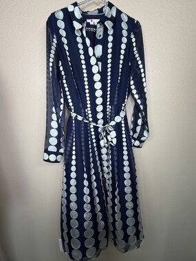 Boden Navy and White Long Sleeve Polka Dot Shirt Dress